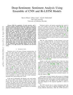 Deep-Sentiment: Sentiment Analysis Using Ensemble of CNN and Bi-LSTM
  Models