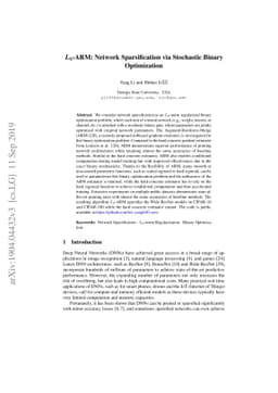 $L_0$-ARM: Network Sparsification via Stochastic Binary Optimization