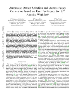Automatic Device Selection and Access PolicyGeneration based on User
  Preference for IoTActivity Workflow