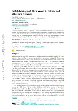Selfish Mining and Dyck Words in Bitcoin and Ethereum Networks