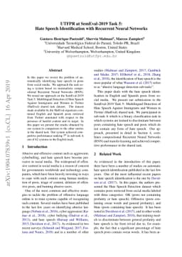 UTFPR at SemEval-2019 Task 5: Hate Speech Identification with Recurrent
  Neural Networks