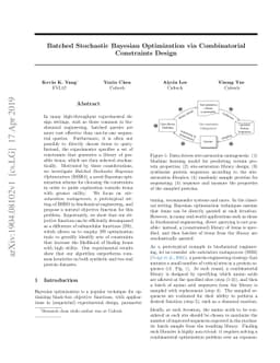Batched Stochastic Bayesian Optimization via Combinatorial Constraints
  Design