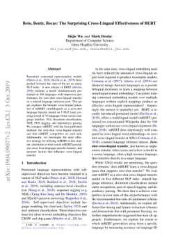 Beto, Bentz, Becas: The Surprising Cross-Lingual Effectiveness of BERT