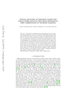 Optimal Recovery of Precision Matrix for Mahalanobis Distance from High
  Dimensional Noisy Observations in Manifold Learning