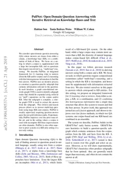 PullNet: Open Domain Question Answering with Iterative Retrieval on
  Knowledge Bases and Text