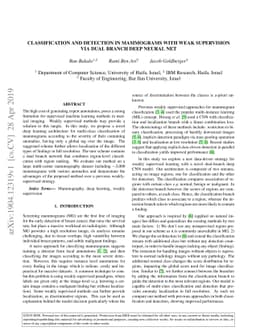 Classification and Detection in Mammograms with Weak Supervision via
  Dual Branch Deep Neural Net