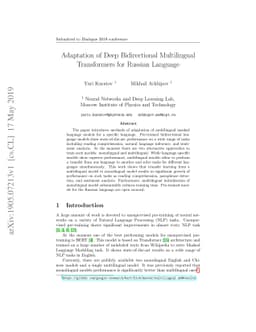 Adaptation of Deep Bidirectional Multilingual Transformers for Russian
  Language