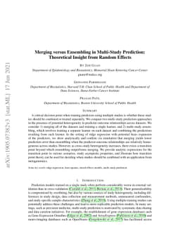 Merging versus Ensembling in Multi-Study Prediction: Theoretical Insight
  from Random Effects