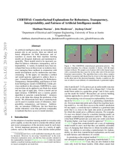 CERTIFAI: Counterfactual Explanations for Robustness, Transparency,
  Interpretability, and Fairness of Artificial Intelligence models