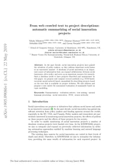From web crawled text to project descriptions: automatic summarizing of
  social innovation projects