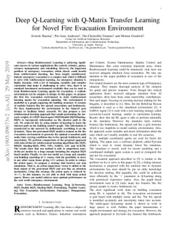 Deep Q-Learning with Q-Matrix Transfer Learning for Novel Fire
  Evacuation Environment