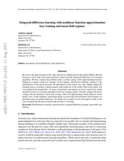 Temporal-difference learning with nonlinear function approximation: lazy
  training and mean field regimes