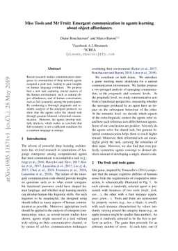 Miss Tools and Mr Fruit: Emergent communication in agents learning about
  object affordances