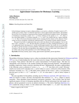 Approximate Guarantees for Dictionary Learning