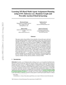 Learning NP-Hard Multi-Agent Assignment Planning using GNN: Inference on
  a Random Graph and Provable Auction-Fitted Q-learning