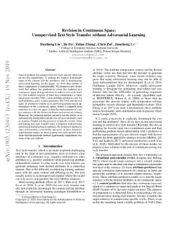 Revision in Continuous Space: Unsupervised Text Style Transfer without
  Adversarial Learning