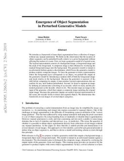 Emergence of Object Segmentation in Perturbed Generative Models