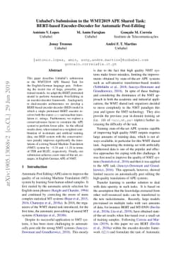 Unbabel's Submission to the WMT2019 APE Shared Task: BERT-based
  Encoder-Decoder for Automatic Post-Editing