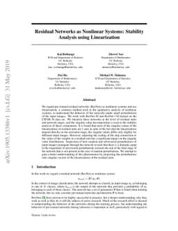 Residual Networks as Nonlinear Systems: Stability Analysis using
  Linearization