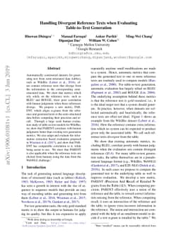 Handling Divergent Reference Texts when Evaluating Table-to-Text
  Generation
