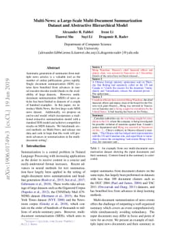 Multi-News: a Large-Scale Multi-Document Summarization Dataset and
  Abstractive Hierarchical Model