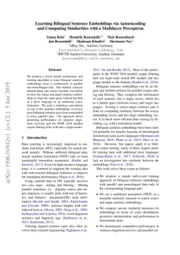 Learning Bilingual Sentence Embeddings via Autoencoding and Computing
  Similarities with a Multilayer Perceptron
