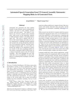 Automated Speech Generation from UN General Assembly Statements: Mapping
  Risks in AI Generated Texts