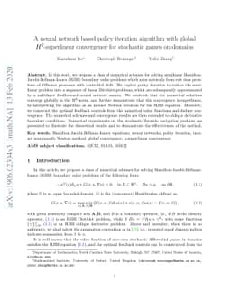 A neural network based policy iteration algorithm with global
  $H^2$-superlinear convergence for stochastic games on domains