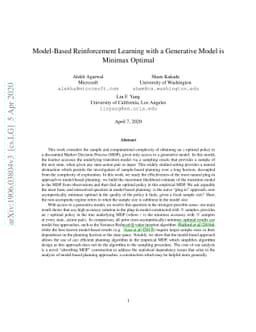 Model-Based Reinforcement Learning with a Generative Model is Minimax
  Optimal