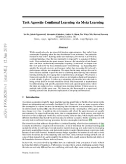 Task Agnostic Continual Learning via Meta Learning