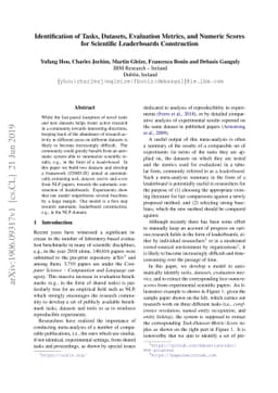 Identification of Tasks, Datasets, Evaluation Metrics, and Numeric
  Scores for Scientific Leaderboards Construction