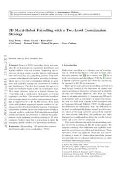 3D Multi-Robot Patrolling with a Two-Level Coordination Strategy