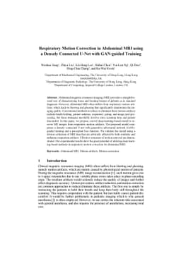 Respiratory Motion Correction in Abdominal MRI using a Densely Connected
  U-Net with GAN-guided Training