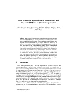 Brain MR Image Segmentation in Small Dataset with Adversarial Defense
  and Task Reorganization