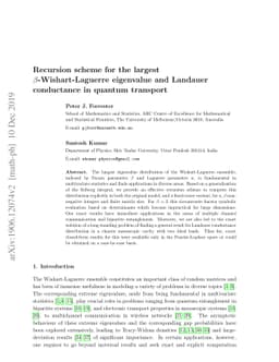 Recursion scheme for the largest $β$-Wishart-Laguerre eigenvalue and
  Landauer conductance in quantum transport