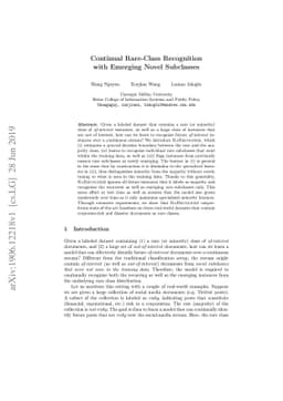 Continual Rare-Class Recognition with Emerging Novel Subclasses