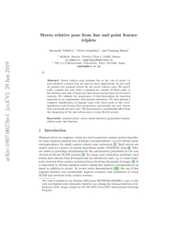 Stereo relative pose from line and point feature triplets