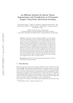 An Efficient Solution for Breast Tumor Segmentation and Classification
  in Ultrasound Images Using Deep Adversarial Learning