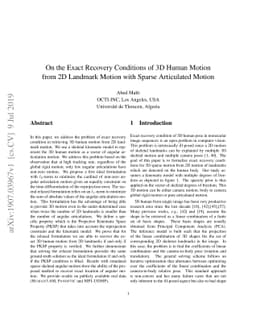 On the Exact Recovery Conditions of 3D Human Motion from 2D Landmark
  Motion with Sparse Articulated Motion
