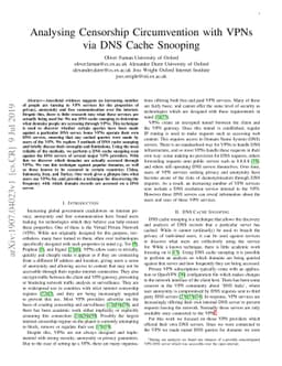 Analysing Censorship Circumvention with VPNs via DNS Cache Snooping