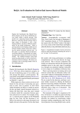 ReQA: An Evaluation for End-to-End Answer Retrieval Models