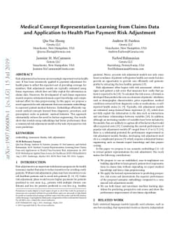 Medical Concept Representation Learning from Claims Data and Application
  to Health Plan Payment Risk Adjustment
