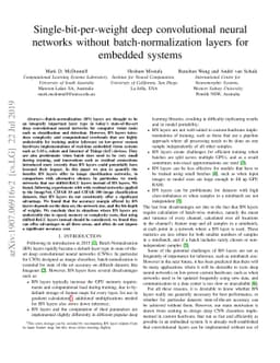 Single-bit-per-weight deep convolutional neural networks without
  batch-normalization layers for embedded systems