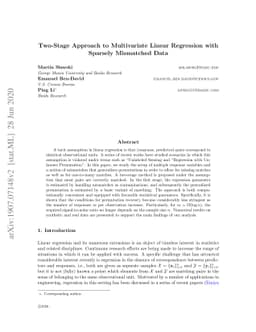 A Two-Stage Approach to Multivariate Linear Regression with Sparsely
  Mismatched Data