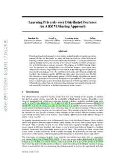 Learning Privately over Distributed Features: An ADMM Sharing Approach