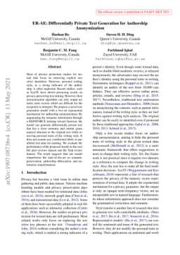 ER-AE: Differentially Private Text Generation for Authorship
  Anonymization
