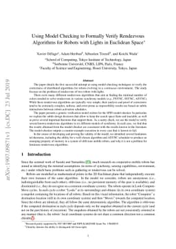Using Model Checking to Formally Verify Rendezvous Algorithms for Robots
  with Lights in Euclidean Space