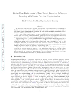 Finite-Time Performance of Distributed Temporal Difference Learning with
  Linear Function Approximation