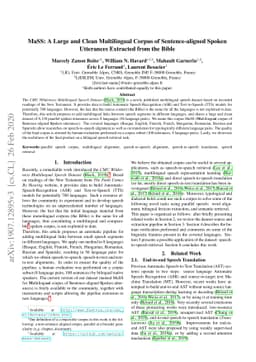 MaSS: A Large and Clean Multilingual Corpus of Sentence-aligned Spoken
  Utterances Extracted from the Bible