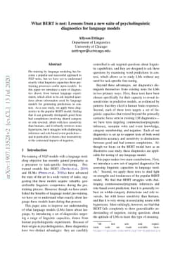 What BERT is not: Lessons from a new suite of psycholinguistic
  diagnostics for language models